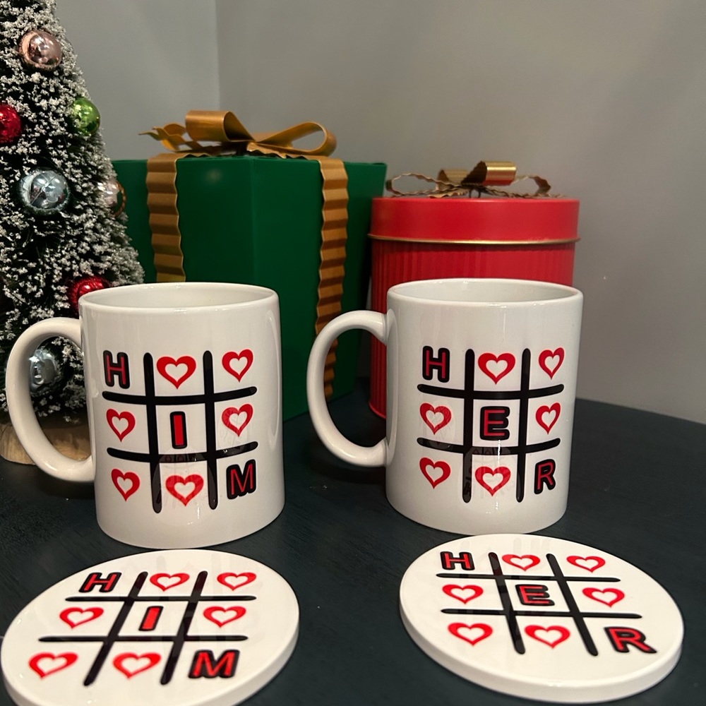 Him and Her engagement mugs.  Can be used for anything.  Handmade